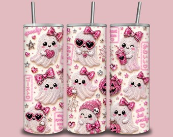Diseño PNG de envoltorio para vaso con fantasma rosa, diseño de sublimación de Halloween Coquette (descarga digital), envoltorio para vaso de 20 oz.