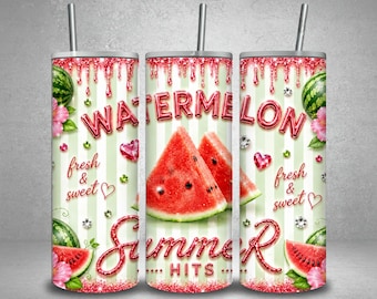 Watermelon Tumbler Wrap PNG, Summer Hits Sublimation Design, 20oz Skinny Tumbler Wrap, Watermelon Fruit PNG, Instant Download