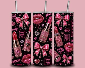 Pink Glam Makeup Tumbler Wrap PNG, Coquette Lipstick Skinny Tumbler Design, Glitter Lips Sublimation Digital Download, 20 oz Wrap