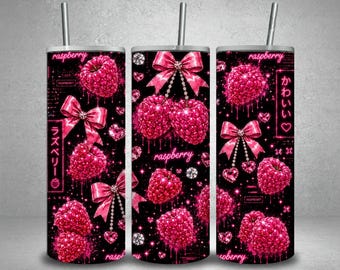 Raspberry Tumbler Wrap PNG,20oz Skinny Tumbler Sublimation Design,Pink Glitter Raspberry Bow Wrap,Kawaii Raspberry Digital Download
