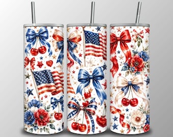 Patriotic Cherry Tumbler Wrap PNG | 4th of July Sublimation Design (Digital Download), 20oz Tumbler Wrap