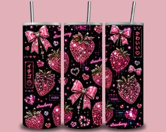 Roze aardbei beker wrap png, coquette aardbei mager beker ontwerp, glitter fruit sublimatie digitale download, 20 oz wrap
