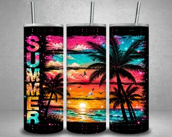 Tropical Sunset Tumbler Wrap PNG | Neon Beach Palm Tree Sublimation Design (Digital Download)