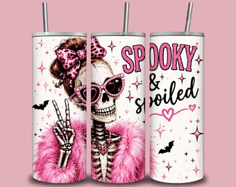 Spooky & Spoiled Tumbler Wrap PNG, Pink Coquette Skeleton 20oz Tumbler Design, Cute Halloween Skull Sublimation Digital Download
