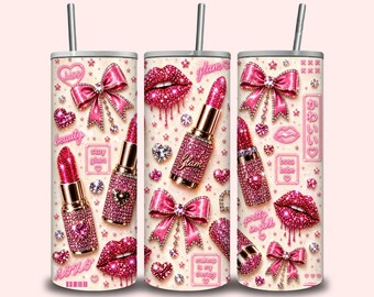 Diseño PNG de vaso térmico Pink Glam Makeup, diseño de vaso térmico delgado Coquette Lipstick, descarga digital de sublimación de labios con purpurina, diseño de vaso térmico de 20 oz.