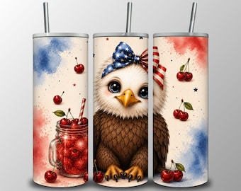 Patriotic Eagle Tumbler Wrap PNG, Cute Bald Eagle Cherry Sublimation Design, USA 20oz Skinny Tumbler Download