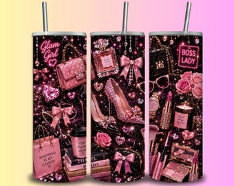 Pink Glam Girl Tumbler Wrap PNG, Luxury Fashion Coquette Cyburpunk Design (Digital Download)