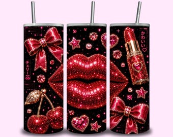 Cherry Coquette Tumbler Wrap PNG, Glitter Red Lips Skinny Tumbler Design, Glam Cherry & Lipstick Sublimation, 20 oz Digital Download