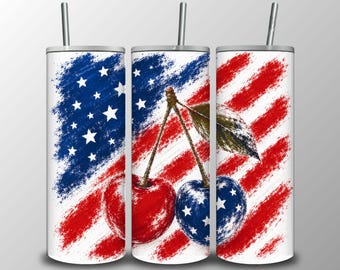 Patriotic Cherry Tumbler Wrap PNG, USA Flag Cherry Sublimation Design, 20oz Skinny Tumbler Wrap Digital Download