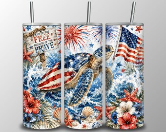 Patriotic Sea Turtle Tumbler Wrap PNG, American Flag Turtle Sublimation,  4th of July Sublimation Design (Digital Download)