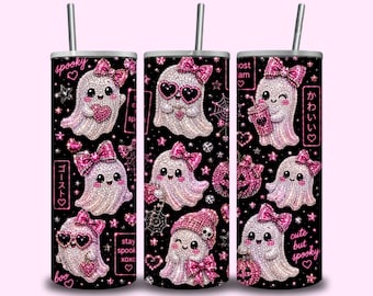 Pink Ghost Tumbler Wrap PNG, Coquette Halloween Ghost Skinny Tumbler Design, Cute Spooky Sublimation Digital Download, 20 oz Wrap