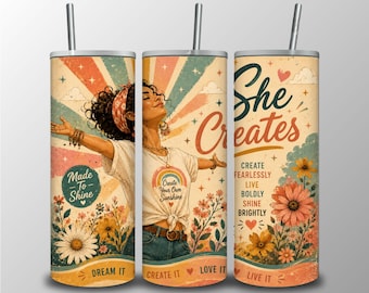 She Creates Tumbler Wrap PNG, Inspirational Women Sublimation Design, Retro Boho 20oz Skinny Tumbler Wrap