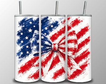 Patriotic Bow Tumbler Wrap PNG, 4th of July Sublimation Design (Digital Download), 20oz Tumbler Wrap