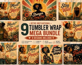 Retro Motivational Tumbler Wrap Bundle, Boho Floral Women Empowerment (Digital Download)