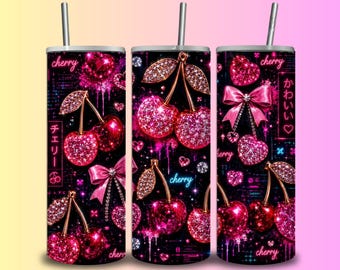 Pink Cherry Rhinestone Tumbler Wrap PNG, Coquette Cyberpunk Design (Digital Download)