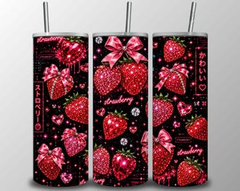 Pink Glitter Strawberry Tumbler Wrap PNG, 20oz Skinny Tumbler Sublimation Design,Kawaii Strawberry Bow Wrap,Sparkly Strawberry PNG