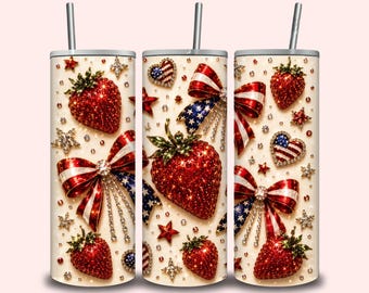 Diseño patriótico de fresas para vasos, diseño de lazo para el 4 de julio mediante sublimación (descarga digital)