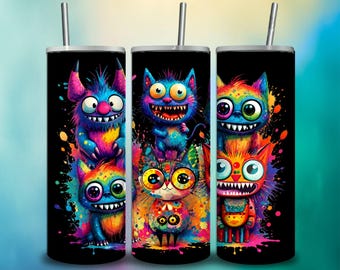 Monster Cat Tumbler Wrap PNG | Neon Fantasy Sublimation Design PNG