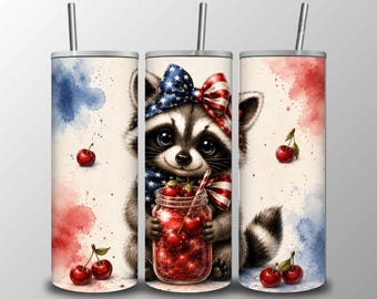 Patriotic Raccoon Tumbler Wrap PNG, Cherry Mason Jar Sublimation Design,4th of July USA 20oz Skinny Tumbler (Digital Download)