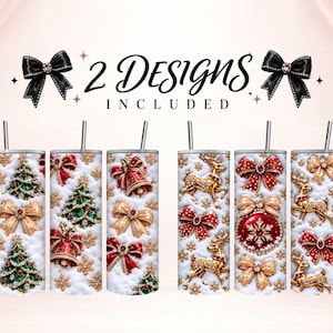 May include: Six cylindrical tumblers with straws featuring two distinct Christmas patterns. The designs include gold and red jewelled bows, bells, reindeer, ornaments, and green Christmas trees set against a white textured background. Text reads 2 DESIGNS INCLUDED.
