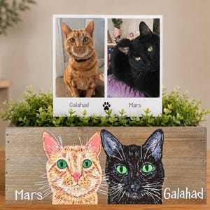 May include: A wooden box with a photo of two cats, one orange and one black, and their names, "Mars" and "Galahad." The box also features painted portraits of the cats. Green foliage surrounds the photo.
