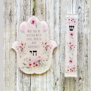 Hamsa and Mezuzah, Pink Flowers Design, Jewish Gift for Baby Naming, Housewarming, Engagement, Wedding, Mother's Day image 5