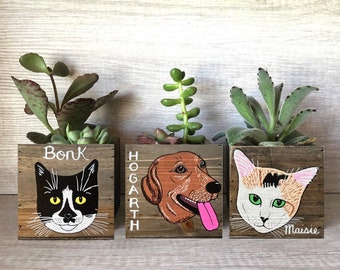 Mini Pet Portrait Planter, Christmas gift, custom Cat Dog box, Personalized Pet Loss Memorial