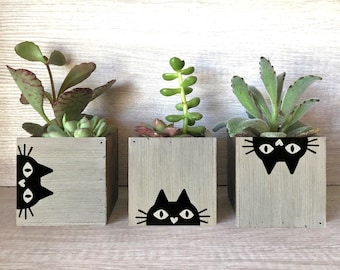 Set of 3 Small Wood Cat Planters, Black Cat, Black White Home Decor, Succulent Garden Gift for Cat Lovers, Cat Mom