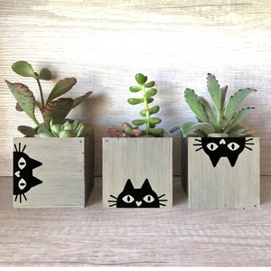 Set of 3 Small Wood Cat Planters, Black Cat, Black White Home Decor, Succulent Garden Gift for Cat Lovers, Cat Mom