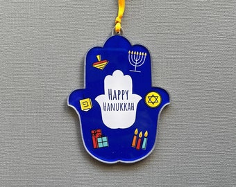 Happy Hanukkah Hamsa Ornament, Jewish Gift, Cute Chanukah Decor