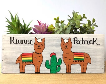 Personalized Llama Planter, Succulent Garden Box, Cute Gift for Couple, BFF, Sister or Brother, Rustic Whitewashed Bin