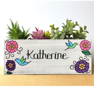 Personalized Gift, Hummingbird Planter, Succulent Planter, Decorative Bin, Custom Name Planter, Gift for Her, Garden Gift image 1