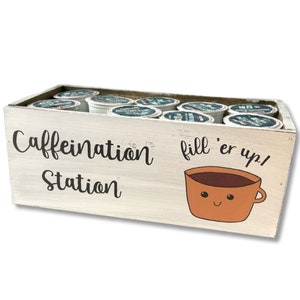 Caffeination Station Cute Coffee Tea Organizer, Planter and Decorative Bin, K Cup Caddy Counter Decor, Gift for Coffee Lover