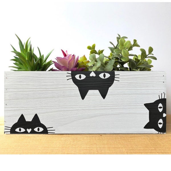 Black Cat Planter, Wood Decorative Box for Plants, Cat Toys, Treats, Cute Gift for Cat Lovers, Cat Mom, Dad, Mother's Day