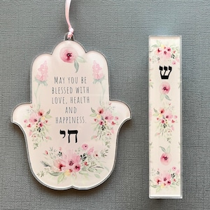 Hamsa and Mezuzah, Pink Flowers Design, Jewish Gift for Baby Naming, Housewarming, Engagement, Wedding