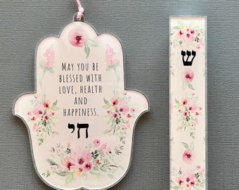 Hamsa and Mezuzah, Pink Flowers Design, Jewish Gift for Baby Naming, Housewarming, Engagement, Wedding