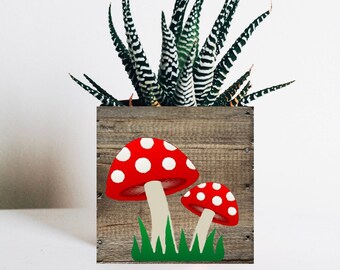 Mushroom Planter, Gift for Her, Wood Decorative Bin, Fairy Garden Art