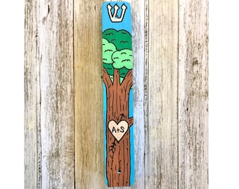Couple's Mezuzah, Carved Heart Initials on Tree, Jewish Wedding Gift, Engagement or Housewarming, Hand Painted Wood Scroll Case