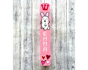 Personalized Bunny Hearts Mezuzah, Hand Painted Scroll Case, Jewish Gift, Hebrew Baby Naming, Newborn, Birthday Girl Gift