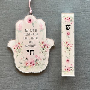 Hamsa and Mezuzah, Pink Flowers Design, Jewish Gift for Baby Naming, Housewarming, Engagement, Wedding, Mother's Day image 1