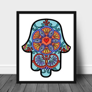 Hamsa Hand Art Print, Mehndi Evil Eye Decor, Hand of Fatima, Gift for Jewish Wedding, Housewarming, Engagement, Yoga Studio Poster