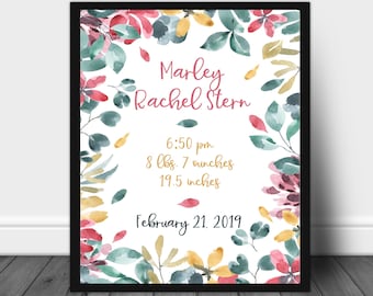 Birth details print, flower petals print, Birth poster, Baby name print, Baby name sign, Christening/baptism gift, Baby name wall art