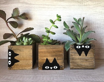 Small Cat Planters, Set of 3 Wood Succulent Boxes, Black Cat, Home Decor, Garden Gift for Cat Lovers, Cat Mom Gift