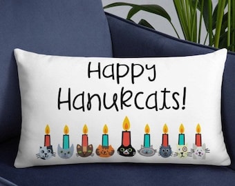 Hanukkah Pillow, Cute Hanukkah Gift, Cat Hanukkah Menorah, Cat Themed Holiday Decor, Unique Chanukah Gift, Hanukkah Decor for Office, Kids