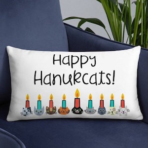 Hanukkah Pillow, Cute Hanukkah Gift, Cat Hanukkah Menorah, Cat Themed Holiday Decor, Unique Chanukah Gift, Hanukkah Decor for Office, Kids image 1