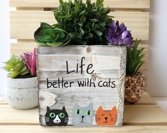 Cat Gifts, Custom Cat Bin, Cat Planter, Succulent Planter, Cat Lover Gift, Life is Better with Cats, Rustic Wood Box, Garden Gift for Her