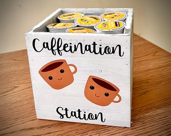 Caffeination Station, Cute Coffee and Tea Bar Organizer, K Cup Caddy Kitchen Counter Decor, Gift for Coffee Lover, 6 inch Square