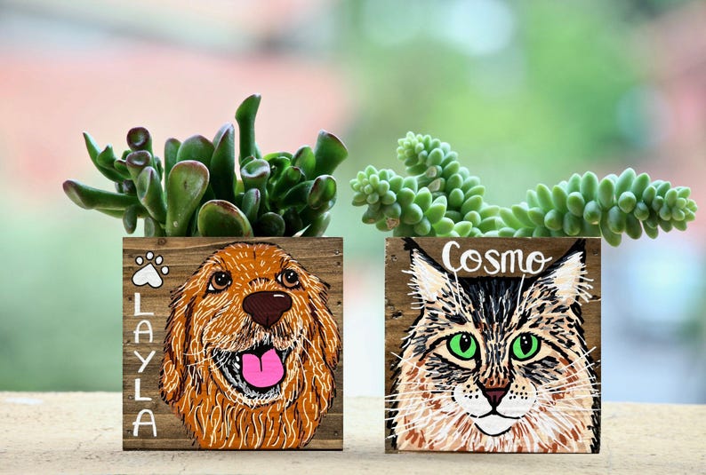 May include: Two wooden planters with hand-painted pet portraits and succulents. One features a golden retriever with the name "Layla", the other a cat named "Cosmo". The planters are square and have a rustic, natural wood grain.