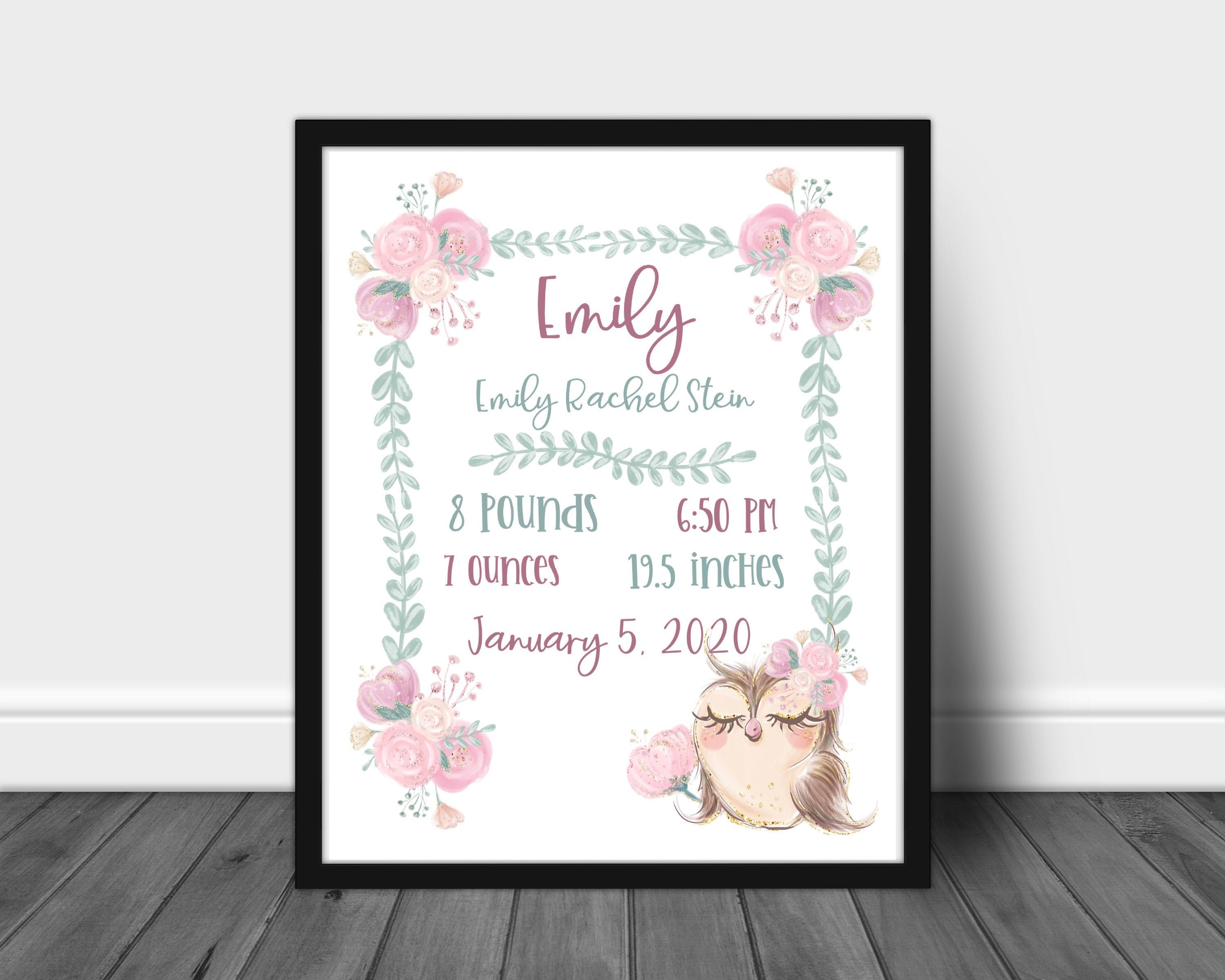 Owl woods animal print, Birth poster, Baby name print, Baby name sign, Christening/baptism gift, Bab