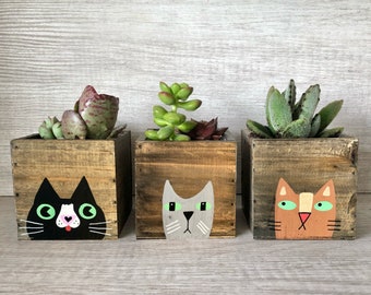 Set of 3 Small wood Cat Planters, Succulent Garden Gift for Cat Lovers, Birthday